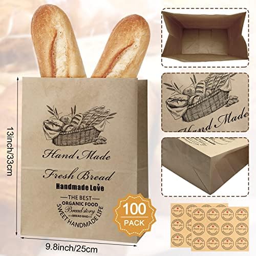 100 Adet 9.8 x 13 x 5.5 inç Kraft Kağıt Ekmek Poşetleri Ev Yapımı Ekmek için Büyük Kağıt Ekmek Poşetleri Öğle Yemeği için Kahverengi