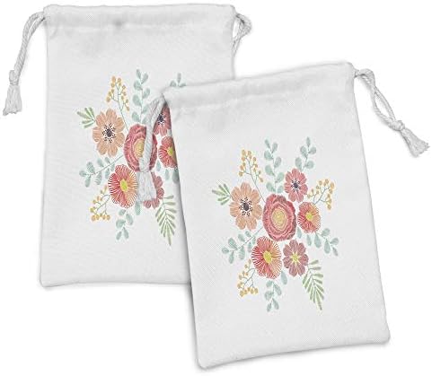 Ambesonne Çiçekli Kumaş Çanta 2'li Set, Pastel Tonlarda Vintage Geleneksel Tarzda Elle Çizilmiş Çiçek ve Yaprak Kompozisyonu, Banyo