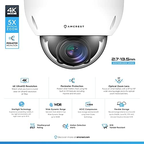 Amcrest 4K Optik Zoom IP Kamera, Değişken Odaklı 8MP Dış Mekan POE Kamera Kubbesi, Güvenlik Kamerası, 2.7 mm~13.5 mm Lens, IP67 Hava