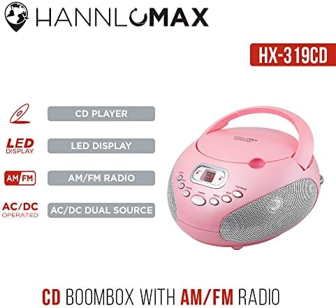 HANNLOMAX HX-319CD Taşınabilir CD Kutusu, AM/FM Radyo, LED Ekran, Aux Girişi Jakı, AC / DC Çift Güç Kaynağı (Pembe)