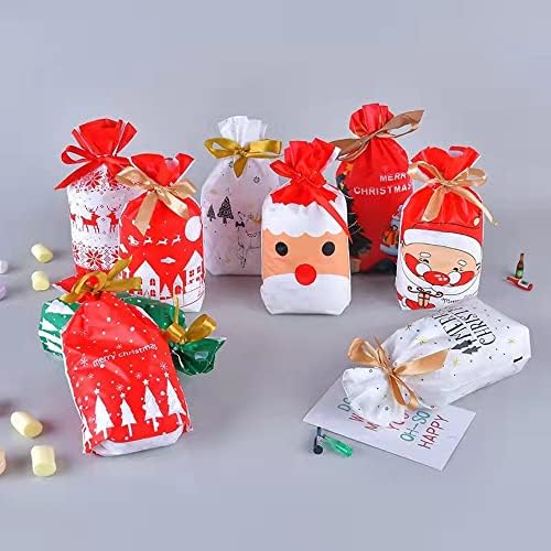 DKAOVH 50 PCS Noel Şeker Çanta Noel ikram çantaları Şeker Güzellikler Plastik İpli hediye keseleri Merry Christmas ikram çantaları