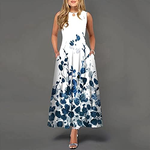 NOKMOPO Kokteyl Elbiseleri Kadınlar için Rahat Baskı Büyük Hem Dresswave Yuvarlak Boyun Kolsuz uzun elbise
