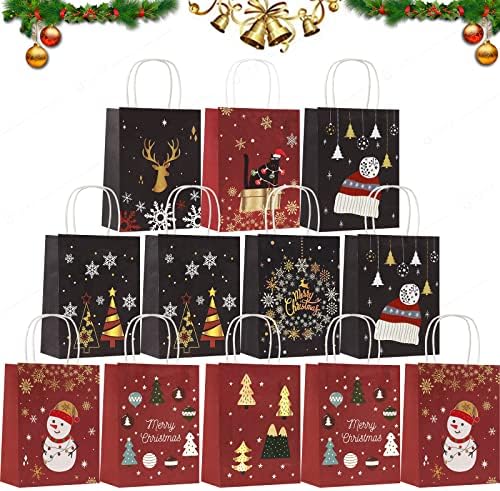 JANERİW noel hediyesi Çanta, 12 ADET Kraft hediye kulplu çanta, Klasik Noel Baskılar Noel Goodie Çanta Tatil Parti İyilik için