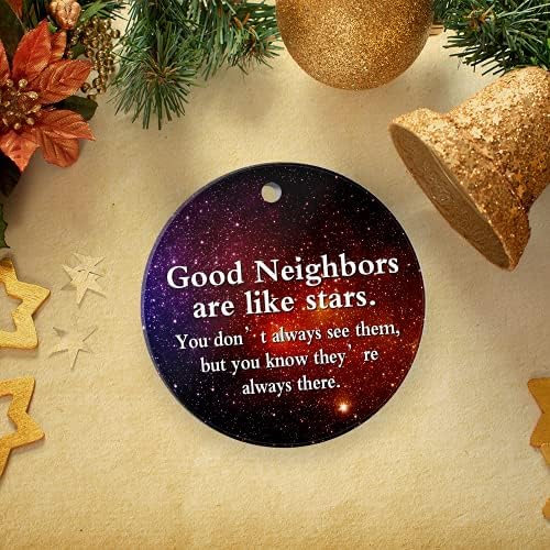 MEOSLEEN Komşu Noel Süsü 2021 İyi Komşular Yıldız Gibidir Komşular için Dostluk Hediyesi Noel Süsleri Hediye Kutusu ile 3 inç Yuvarlak