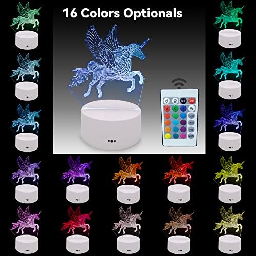 3D Görsel gece lambası, Unicorn Illusion USB / pil masa lambası Dokunmatik Sensör Düğmesi Uzaktan kumanda ile 16 renk değiştirilebilir