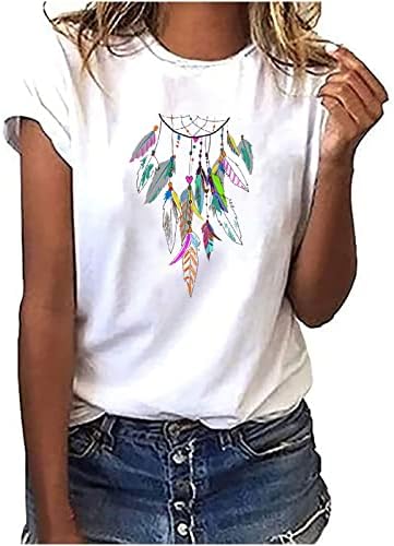 Kadınlar Vintage Tüy Baskılı Dreamcatcher T Shirt Rahat Kısa Kollu Crewneck Gevşek Üstleri Rahat Modal Gömlek Tribal Sanat Gömlek