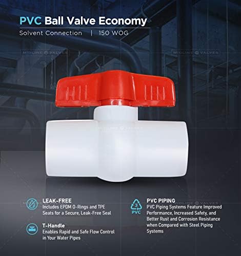 Orta Hat Valfi PVC Küresel Vana Kırmızı T-Kolu Su Kapatma 1/2 inç. Solvent Bağlantıları Beyaz Plastik (482T12)