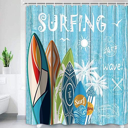 Rustik Plaj Duş Perdeleri, Tropikal Sörf Tahtası Palmiye Ağacı Bej Ahşap Tahta üzerinde Yaz sörf duşu banyo perdesi Dekor Polyester