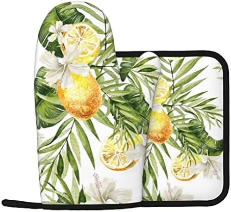 TAKLİT Limon tencere tutucular ve Fırın Eldiveni Setleri, Isıya Dayanıklı Silikon fırın eldivenleri Beyaz Çiçek Mutfak Potholder Mikrodalga
