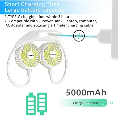 HandFan Taşınabilir Boyun Fanı Mini USB Şarj Edilebilir 5000mAh Fan, 360 ° Ayarlanabilir, Kişisel Soğutma için 26 Saat Çalışma Süresi,