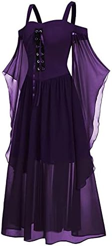 Bayan Maxi Elbiseler, Womne Artı Boyutu Soğuk Omuz Kelebek Kollu Dantel Up Cadılar Bayramı Gotik Elbise