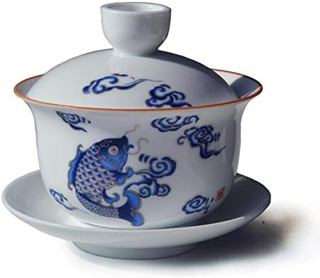 vv8oo Porselen Gaiwan 7 oz Çay Atlama Balık Beyaz Sırlı Gezdirilir Çin Sancai Kapak Kase Dudak Fincan fincan tabağı seti