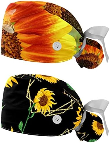 2 Parça Ayçiçeği Makro Arı Yaz Şekil Doğa Ayarlanabilir Çalışma Kap Düğmesi ile, Şapka İçi Bantı ile Hemşirelik Kap
