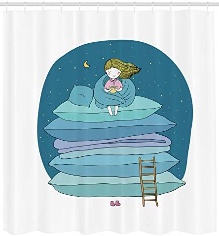 Ambesonne Karikatür Duş Perdesi, Kız üstüne Oturan bir Yığın Yastıklar İçme Süt Gece Yatmadan, bez Kumaş Banyo Dekor Seti Kanca ile,
