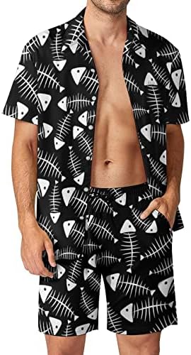 BAİKUTOUAN Balık Kemik Desen erkek 2 Parça havai gömleği Takım Elbise Rahat Gevşek Düğme Aşağı Üst ve plaj şortu Tatil Kıyafetleri
