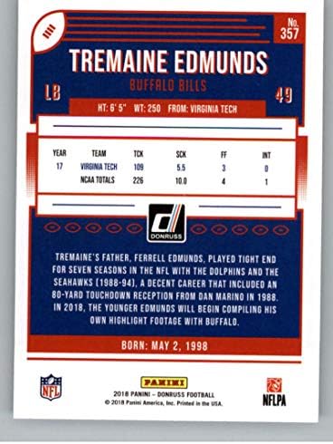 2018 Donruss Futbol 357 Tremaine Edmunds RC Çaylak Kartı Buffalo Bills Çaylak Resmi NFL Ticaret Kartı