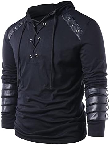 Erkek Ruffled Gotik Gömlek, erkek Ortaçağ Retro Dantel-Up Kukuletası Boyun Uzun Kollu Gotik Gömlek Asimetrik Hem Vintage Üst