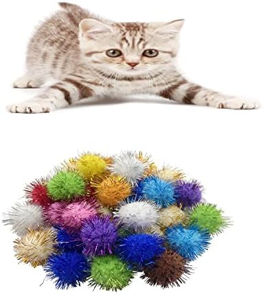 30 Adet Buruşuk Topları Kedi Oyuncak Sparkle Topları, 10 Adet Mylar Buruşuk Topları Kedi Oyuncak, 20 Paket Glitter Pom Pom Topları