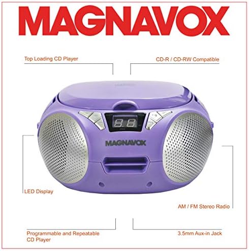 Magnavox MD6924-PL Taşınabilir Üstten Yüklemeli CD Boombox, Mor renkte AM/FM Stereo Radyo / CD-R/CD-RW Uyumlu | LED Ekran | AUX Bağlantı