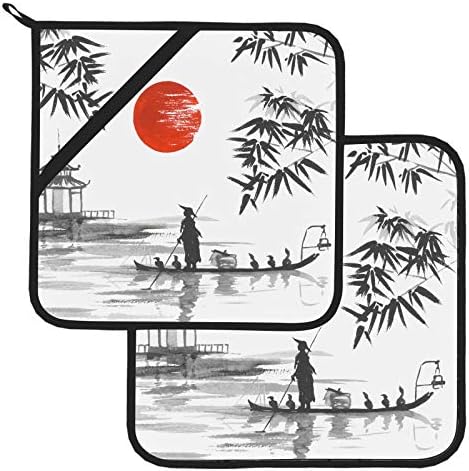 Mutfaklar için Japonya Geleneksel Japon Resim Sumie Sanat Tutacakları Cepli ısıya Dayanıklı Tencere Tutacakları 2 Adet Tencere Tutucu