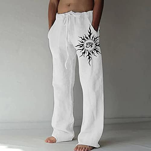 Erkek Pantolon, erkek Gevşek Rahat Düz Renk Pamuk Keten Pantolon Elastik Kravat Baskılı Düz Pantolon