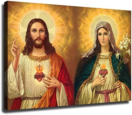 Kutsal Kalp İsa ve Tertemiz Kalp Meryem Katolik Posteri Resimleri Ev Dekor Posteri Hediyeler Erkekler Kadınlar için (12×18 inç Çerçeveli)