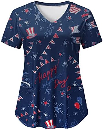 4th Temmuz Kadınlar için Tops Amerikan Bayrağı Yaz Kısa Kollu V Boyun Tee Gömlek 2 Cepler Bluzlar Tatil Rahat İş Giysisi
