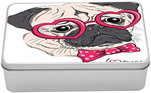 Ambesonne Pug Teneke Kutu, Kalp Şeklinde Gözlüklü ve Noktalı Papyonlu Köpek Pugs Çizimini Seviyorum, Kapaklı Taşınabilir Dikdörtgen