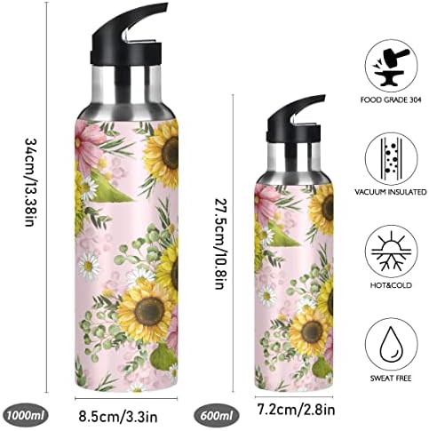 Glaphy Ayçiçeği Papatya Çiçeği Çiçek Hasır Kapaklı Su Şişesi, BPA İçermez, 32 oz Su Şişeleri Yalıtımlı Paslanmaz Çelik, Okul, Ofis,