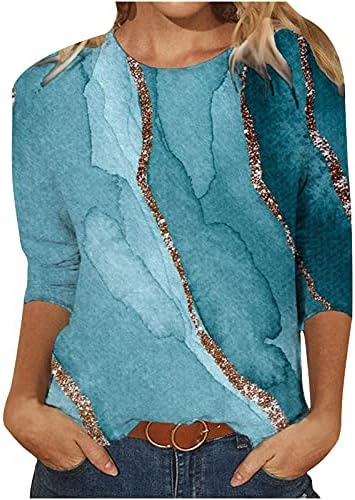 Kadın Rahat 3/4 Uzun Kollu Üstleri Düzensiz Batik Renk Blok Baskı Kazak Crewneck Moda Kazak Bluz Tee