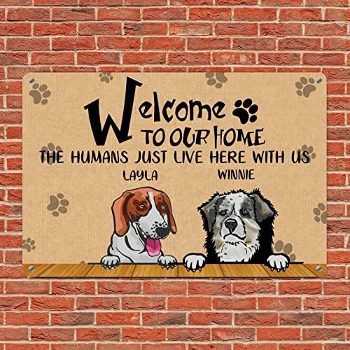 Alioyoit Komik Köpek Metal İşareti Özel Köpekler Adı Evimize hoş geldiniz İnsanlar Burada bizimle Sevimli Yavru Köpek İşareti Vintage