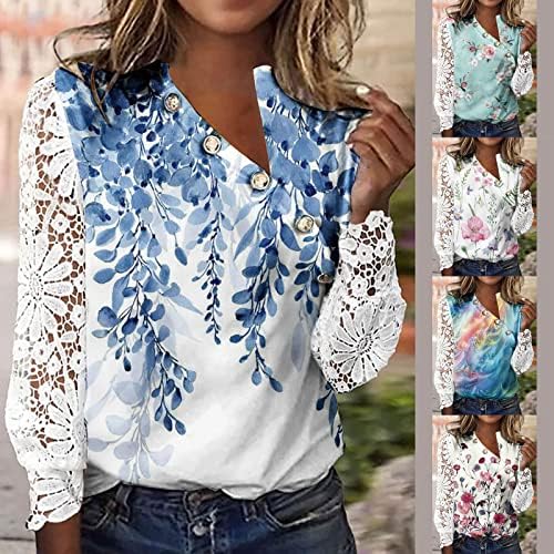Kadın Tees Tops Şık Rahat Artı Boyutu Boho Çiçek Gömlek Yaz Moda Dantel Hollow Uzun Kollu V Yaka T-Shirt