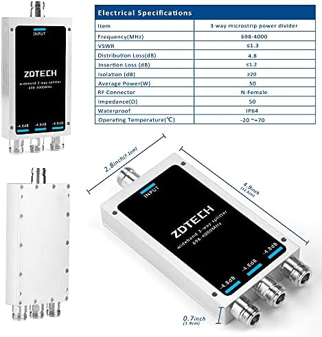 ZDTECH Geniş Bant 3 Yollu Splitter N Dişi Konnektörler 50 Ohm Sinyal Splitter 3G/4G / LTE / 5G(698-4000MHz)