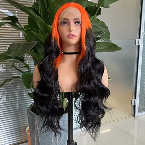 COCOFANS Ombre Renk Sentetik Dantel Ön Peruk Kadınlar için Uzun İpeksi Düz Peruk Doğal Saç Çizgisi Turuncu Siyah Sentetik Saç Peruk