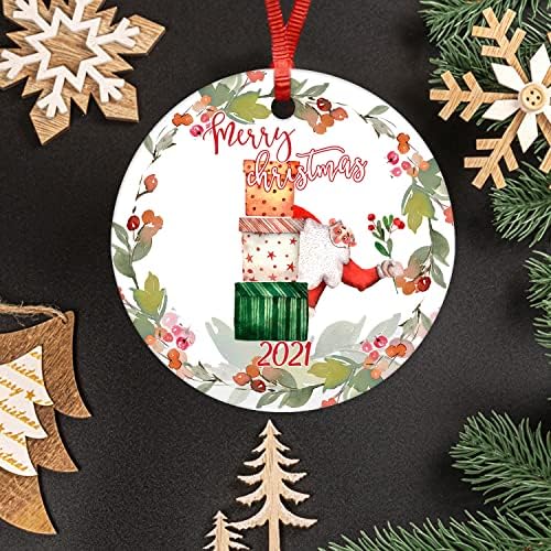 Merry Christmas 2021 Santa Yuvarlak Seramik Süs Çelenk Noel Düz Porselen Hatıra İki Taraflı Baskılı Komik Tatil Noel Dekorasyon