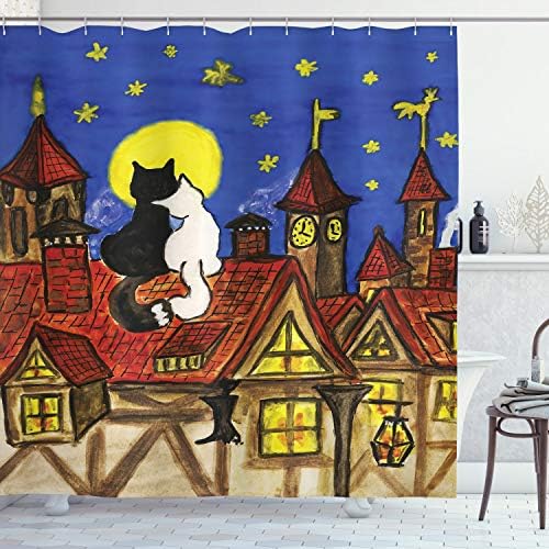 Ambesonne Kedi Duş Perdesi, Eski Şehirde Çatıda Oturan ve Yıldızlı Gökyüzüne Bakan 2 Aşk Kedisi Gece Funk Artprint, Kancalı Bez Kumaş