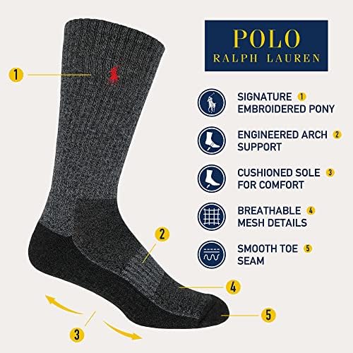 POLO RALPH LAUREN erkek Klasik Spor Marled Çorap 6 Çift Paket - Nefes Alabilen File ve Kemer Desteği, Gri, 6-12.5