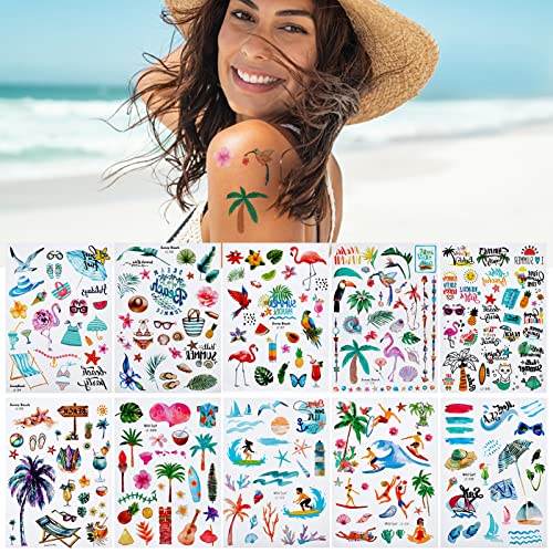 NICENEEDED 10 Yaprak Hawai Temalı Plaj Geçici Dövmeler, Yaz Havuzu Parti Dövmeler Çıkartmalar, Su Geçirmez Sevimli Vücut Çıkartmalar