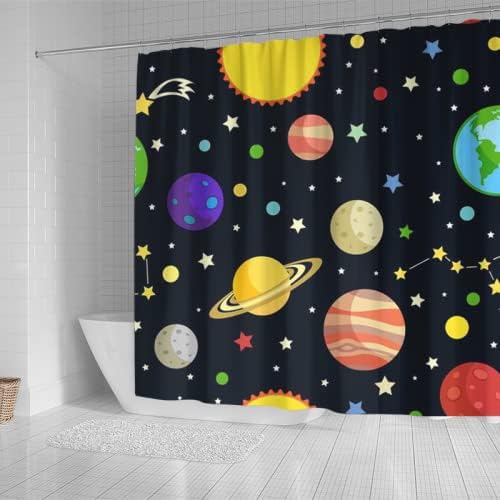 Renkli Uzay Gezegenler Duş banyo perdesi, Astronomi Çizim Küvet Aksesuarları, Çocuklar Banyo Dekor (36x72 inç)