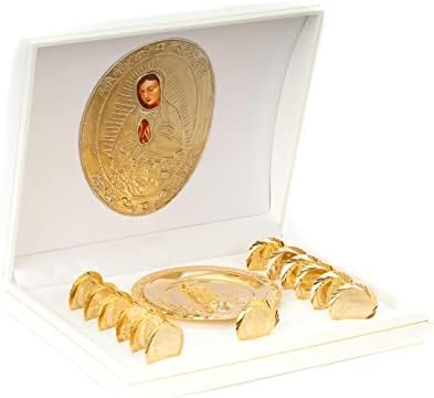Düğün Birlik Paraları Seti Dekoratif Vitrin-Klasik Altın Kaplama Tören Arras Seti - Beyaz Süslemeli Kasa ve Guadalupe Meryem Altın