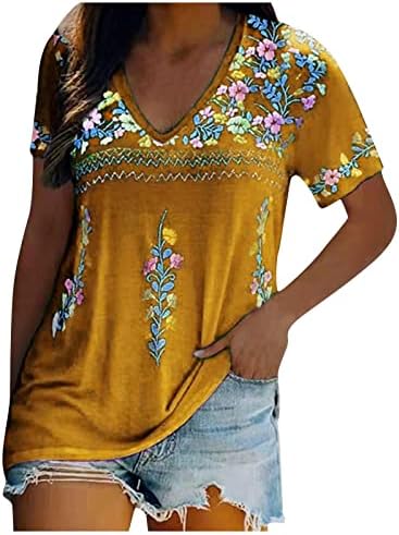 Kadın Moda T-Shirt Etnik Çiçek Baskı Tunik Üstleri V Boyun Kısa Kollu Üst Tees 2023 Yaz Casual Bluzlar