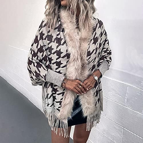 Kadın Kış Ceket Retro Sıcak Püskül Pelerin Kontrast Renk Balıksırtı Yaka Şal Ceket Uzun Ceketler