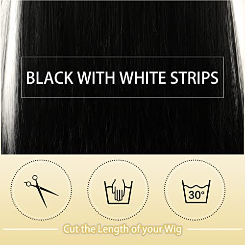 SOFEİYAN Uzun Düz kahküllü peruk Siyah Beyaz Şeritler ile Sentetik Saç Değiştirme Peruk İsıya Dayanıklı Tam Peruk Kadınlar Kızlar için