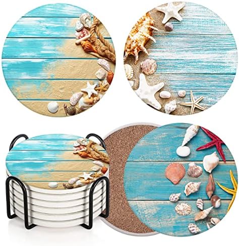 İçecekler için Coaster 6 Set, kabukları Mavi Ahşap Uzay Plaj Emici Yuvarlak Seramik Taş Mat, Mantar Tabanı ve Metal Tutucu ile, eve