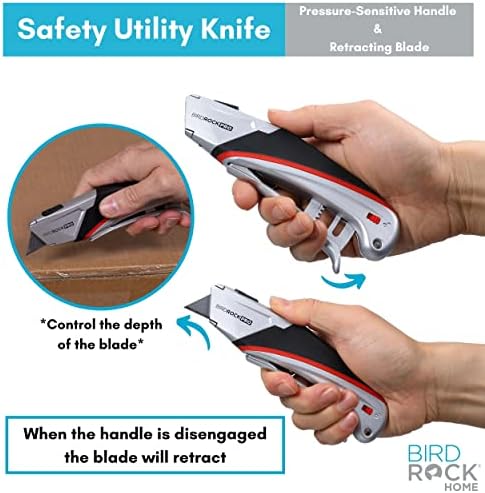 BİRDROCK EV 1pk Profesyonel Güvenlik Maket Bıçağı-Geri Çekilebilir-Ağır Hizmet Tipi Kutu Kesici-Güvenli Bıçak Kilidi-Ekstra Bıçaklar-Ergonomik