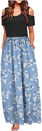 İlkbahar Yaz Elbiseler Kadınlar için Rahat Baskı Ekip Boyun Soğuk Omuz Kısa Kollu Plaj Maxi uzun elbise