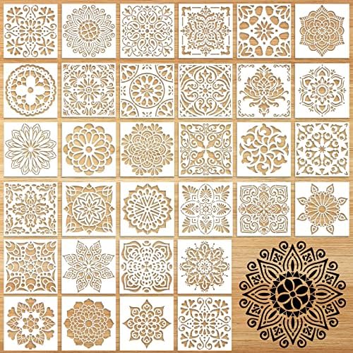 Teling 32 Adet 6x6 İnç Mandala Şablonlar Boyama için Yeniden Kullanılabilir Mandala Nokta Boyama Şablonları DIY Boyama Sanat Projeleri
