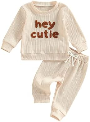 Toddler Bebek Kız Erkek Sonbahar Kış Waffle Kıyafet Seti Mektup Baskılı Uzun Kollu Kazak Tops + Pantolon