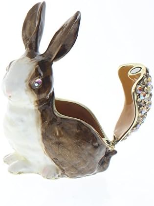 Tavşan Biblo Kutusu, El Seti Swarovski Kristali, Katı Kalaylı Taban Üzerinde El Boyalı Kahverengi Beyaz Emaye, Güzel Emayeli Kutunun