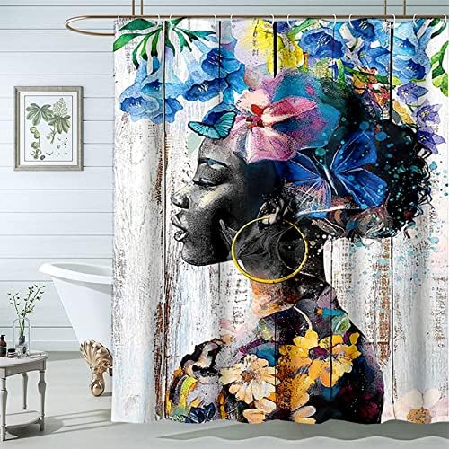 Siyah Kadın Duş Perdesi,Afro-Amerikan Duş Perdeleri 72Wx72L İnç Siyah Kadın Duş Perdesi, Kelebek Afro Bayan Çiçek Renkli Ahşap Banyo